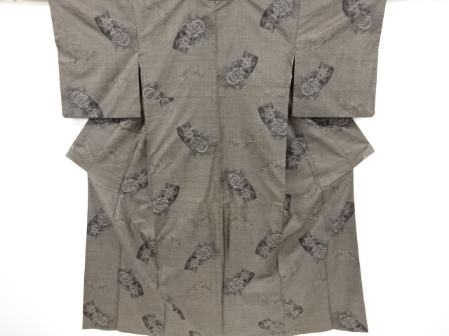 JAPANESE KIMONO / SILK / DORO OSHIMA TSUMUGI / WOVEN JIGAMI & PEONY